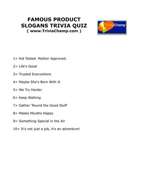 Famous Product Slogans Trivia Quiz Trivia Champ