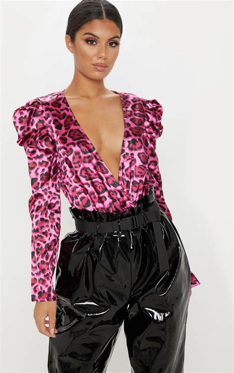 Pink Satin Plunge Leopard Print Bodysuit Prettylittlething Usa