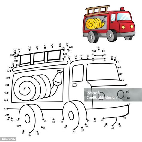 Halaman Pewarnaan Dot To Dot Fire Truck Terisolasi Ilustrasi Stok