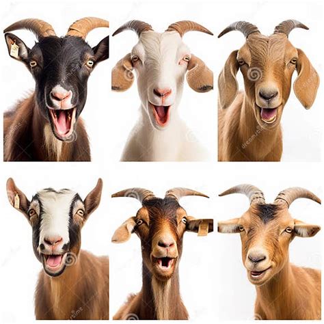 Collage Of Portraits Of Goats Of Different Breeds And Colors For