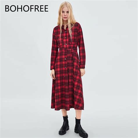 Bohofree Red Plaids Print Midi Dress Belt Long Sleeve Autumn Dress