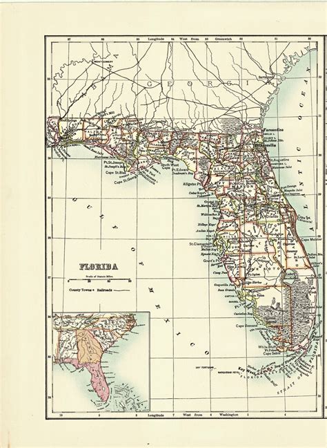 Printable Antique Old Map Of Florida State Circa 1885 Etsy