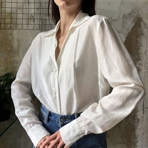 Minimalist White Vintage Silk Blouse Classic Silk Button Up Etsy Uk Womens Silk Shirts