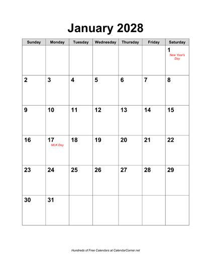 Free 2028 Calendar With Holidays