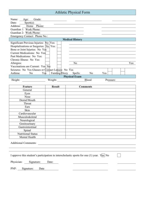 Athletic Physical Assessment Form Printable Pdf Download