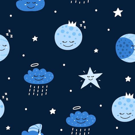 Premium Vector Seamless Pattern With Moon Stars And Clouds