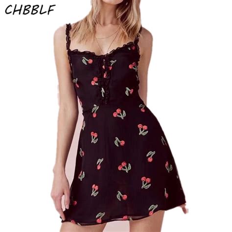 Chbblf Cherry Design Sweet Lace Dress Sleeveless Print Dress Ruffles