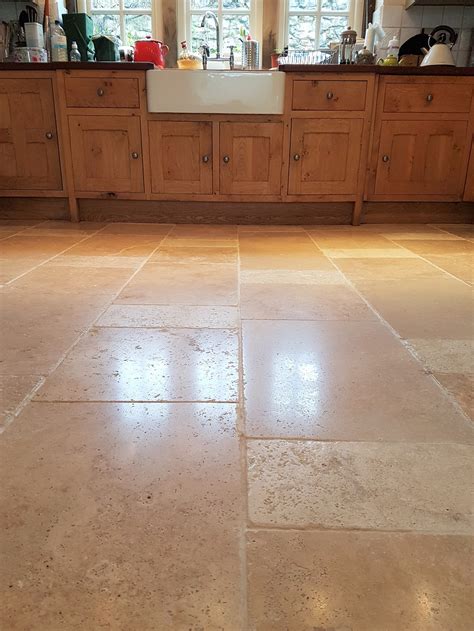 Dirty Travertine Kitchen Floor Deep Cleaned And Polished In Parwich