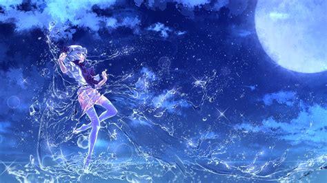 Free Download Touhou Anime Art Water Girl Full Moon Glitter Background