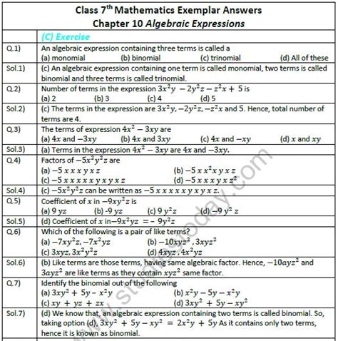 Algebraic reasoning is a gatekeeper for students in their efforts to progress in mathematics and science (greenes et al., 2001). CBSE Class 7 Mathematics Algebraic Expression Exemplar Solutions