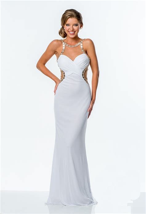Fitted Illusion Neckline Low Back White Beaded Long Prom Dress Side Cut Out