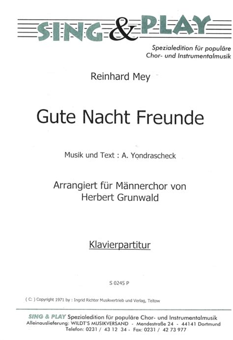 Gute Nacht Freunde De Reinhard Mey Acheter Dans La Boutique De Partitions De Stretta