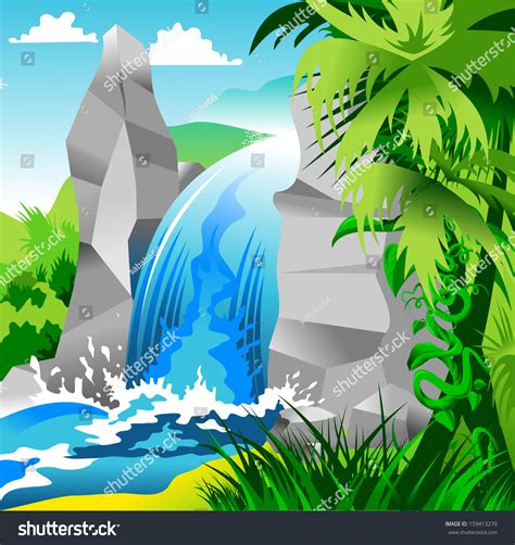 Waterfall Among Highest Cliffs Jungle Illustration Stock Vector