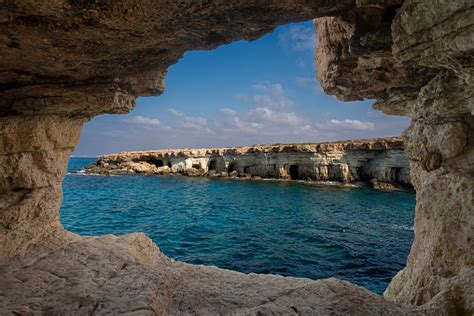 Sea Caves At Ayia Napa Cyprus Sea Framed Inside Natural Rock Hole Stock