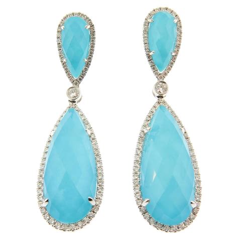 Double Tear Drop Turquoise White Topaz Gold Earrings For Sale At 1stdibs