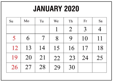 Monthly January 2020 Calendar Printable Pdf Word Excel Blank