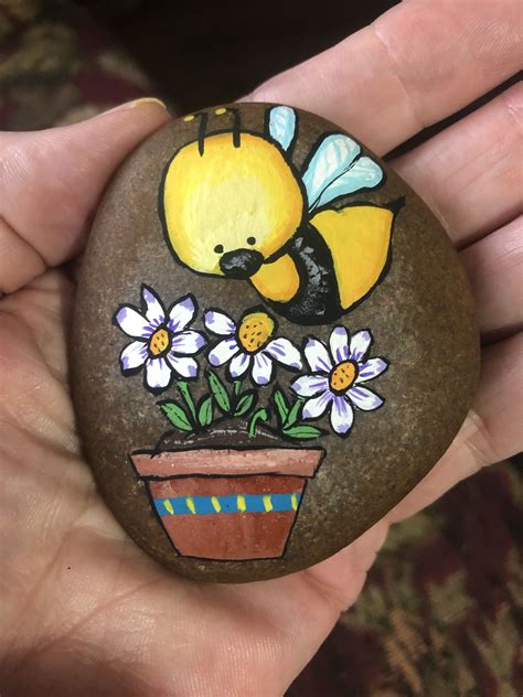 Bee Flower Pot Rock Painting Design