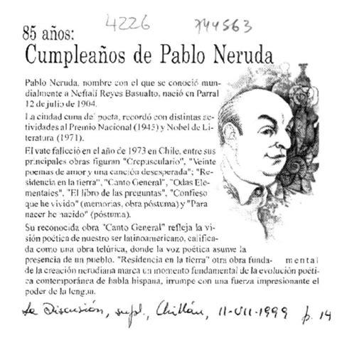 Cumpleaños De Pablo Neruda Artículo Biblioteca Nacional Digital De