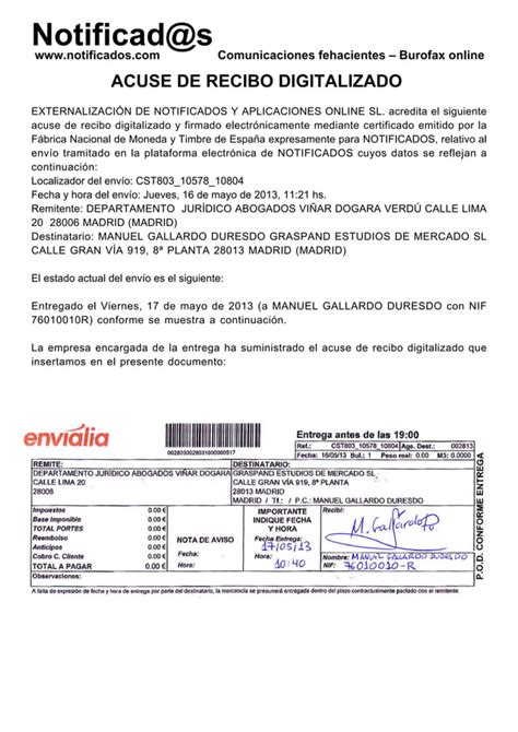 Ejemplo Acuse De Recibo De Burofax Postal Creado En Notificads