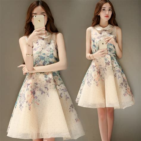 Hot Sale Korean Fashion Lovely Floral Print Organza A Line Yellow Dress