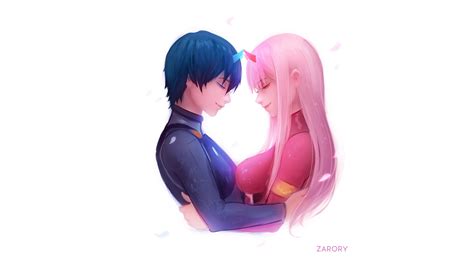 Darling In The Franxx Red Horn Zero Two Blue Horn Hiro With Background