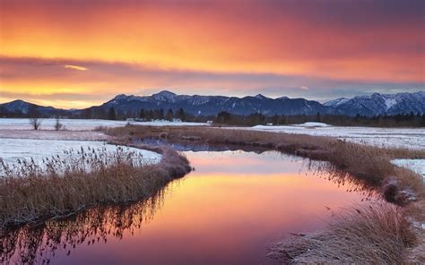 Mountain Landscape Winter River Sunset Hd Wallpaper