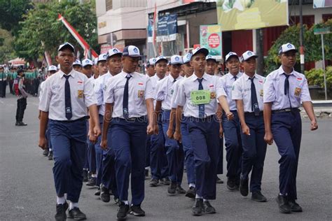 Indonesian Junior High School Students Participating In Marching Baris