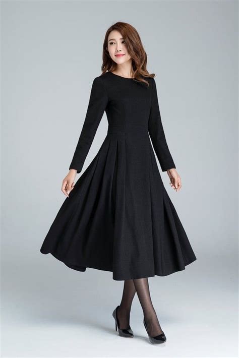 Long Black Dress Wool Dress Winter Dress Pleated Dress Etsy Skirt