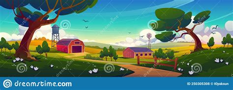 Summer Countryside With Farm Barn Windmill Stock Illustration