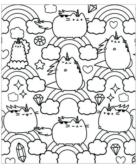 Cat Pusheen And Rainbow Kawaii Kids Coloring Pages