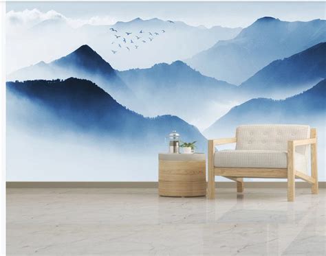 Ombre Blue Abstract Mountains Wallpaper Wall Mural Misty Etsy