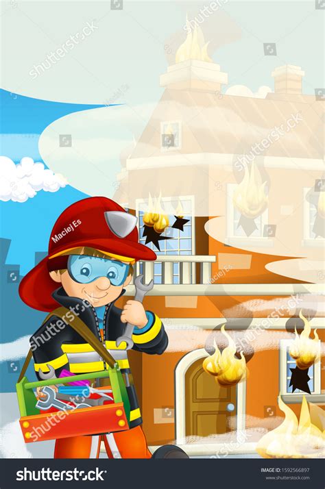 Cartoon Stage Fireman Fire Fighting Near Stock Illustration 1592566897 Shutterstock
