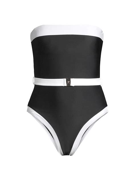 Milly Womens Belted Two Tone One Piece Swimsuit Black White Editorialist