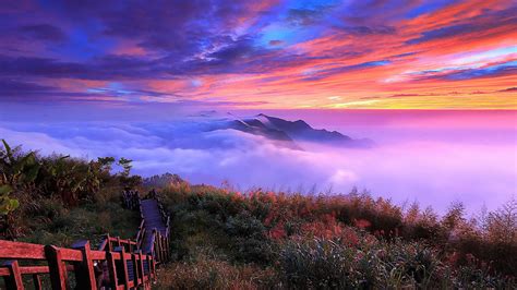 Fog Horizon Sea Of Clouds Sky Stairs During Sunset Hd Nature Wallpapers