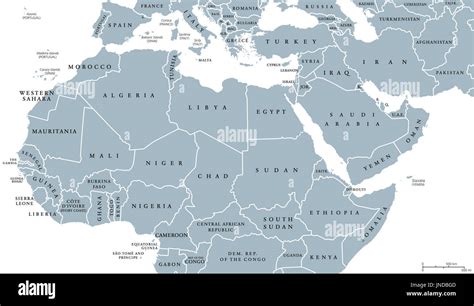 North Africa And Middle East Political Map With Countries And Borders