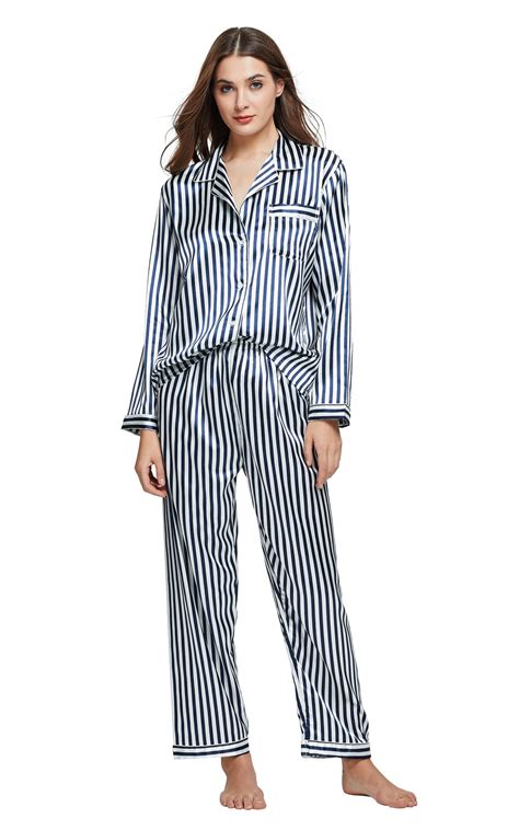 Womens Silk Satin Pajama Set Long Sleeve Navy And White Striped Tony