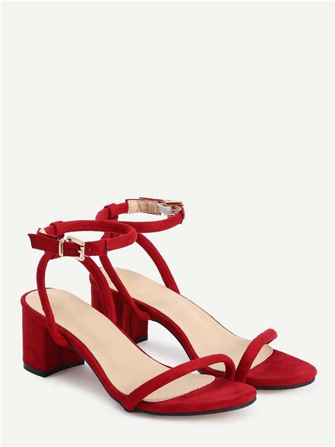Red Faux Suede Ankle Strap Chunky Sandals Sheinsheinside