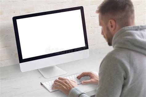 Man Work On Computer Concept Isolated White Blank Screen On Computer