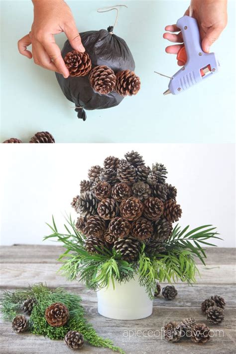 Instructions follow the visual presentation! DIY $1 Farmhouse Decor Pine Cone Topiary - A Piece Of Rainbow