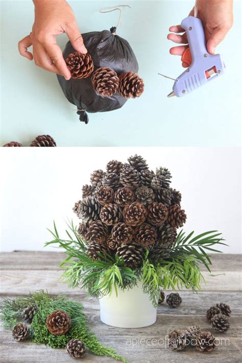 Create an affordable and beautiful craft or work. DIY $1 Farmhouse Decor Pine Cone Topiary - A Piece Of Rainbow