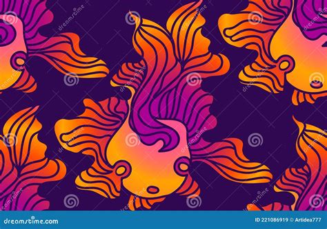 Colored Seamless Pattern With Doodle Gradient Goldfish And Wavy Fins