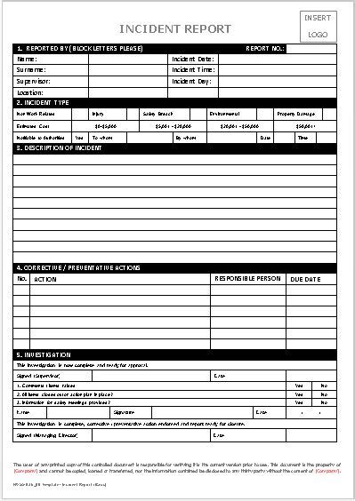 Template Incident Report Basic Workplace Health And Safety