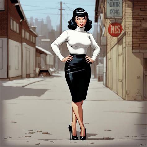 Full Body Shot Of Bettie Page Dressed In A White Turtle Neck Tight