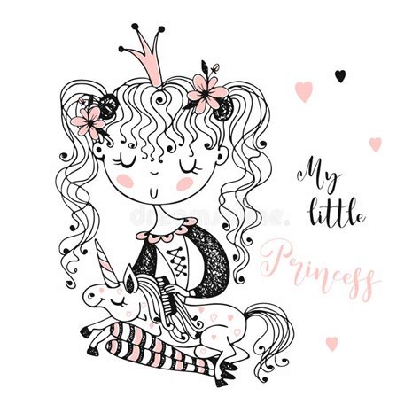 Cute Little Princess With A Unicorn Vector Stock Illustration