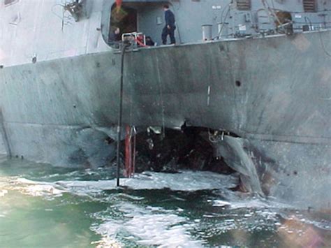 Close Up View Of The Damaged Uss Cole Ddg 67 Off The Coast Of Yemen