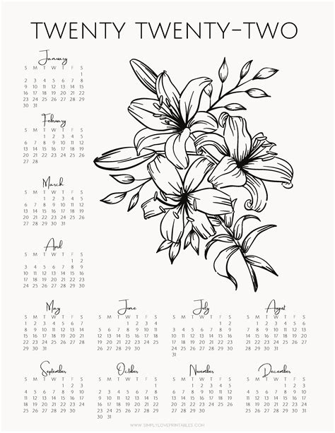 Simply Love Printables 2022 Yearly Calendars Flower Coloring Page