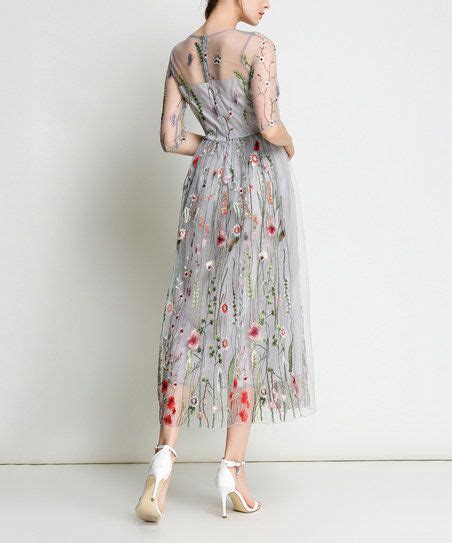 Coeur De Vague Gray Floral Sheer Overlay Midi Dress Dresses