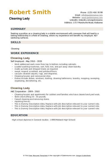 Resume format choose the right resume format for your needs. Cleaning Lady Resume Samples | QwikResume