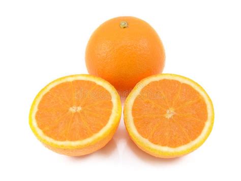 Whole Orange And Two Juicy Cut Halves Stock Photo Image Of White
