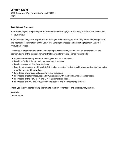 Branch Operations Manager Cover Letter Velvet Jobs